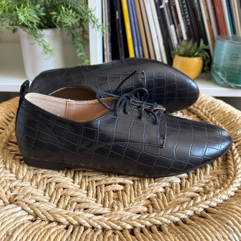 Black Crocodile Embossed Faux Leather Oxford Loafers Academia Size EU 37